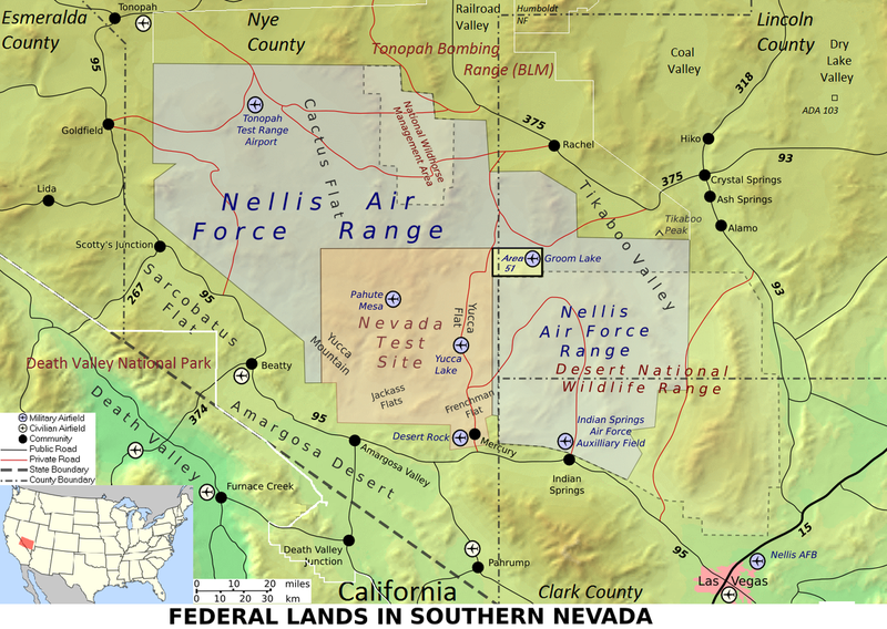 Mapa en donde se puede observar el Área 51, NTS y NAFR. Wikimedia Commons